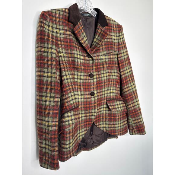 Vintage Laura Ashley brown Plaid Wool Blazer suede collar Equestrian Academia 4 - Picture 5 of 14